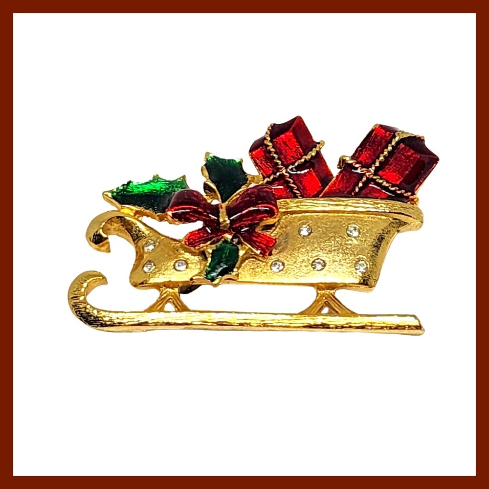 Vintage Christmas Sleigh Gold Tone Red Green Enamel Poinsettia Bow Pin Brooch